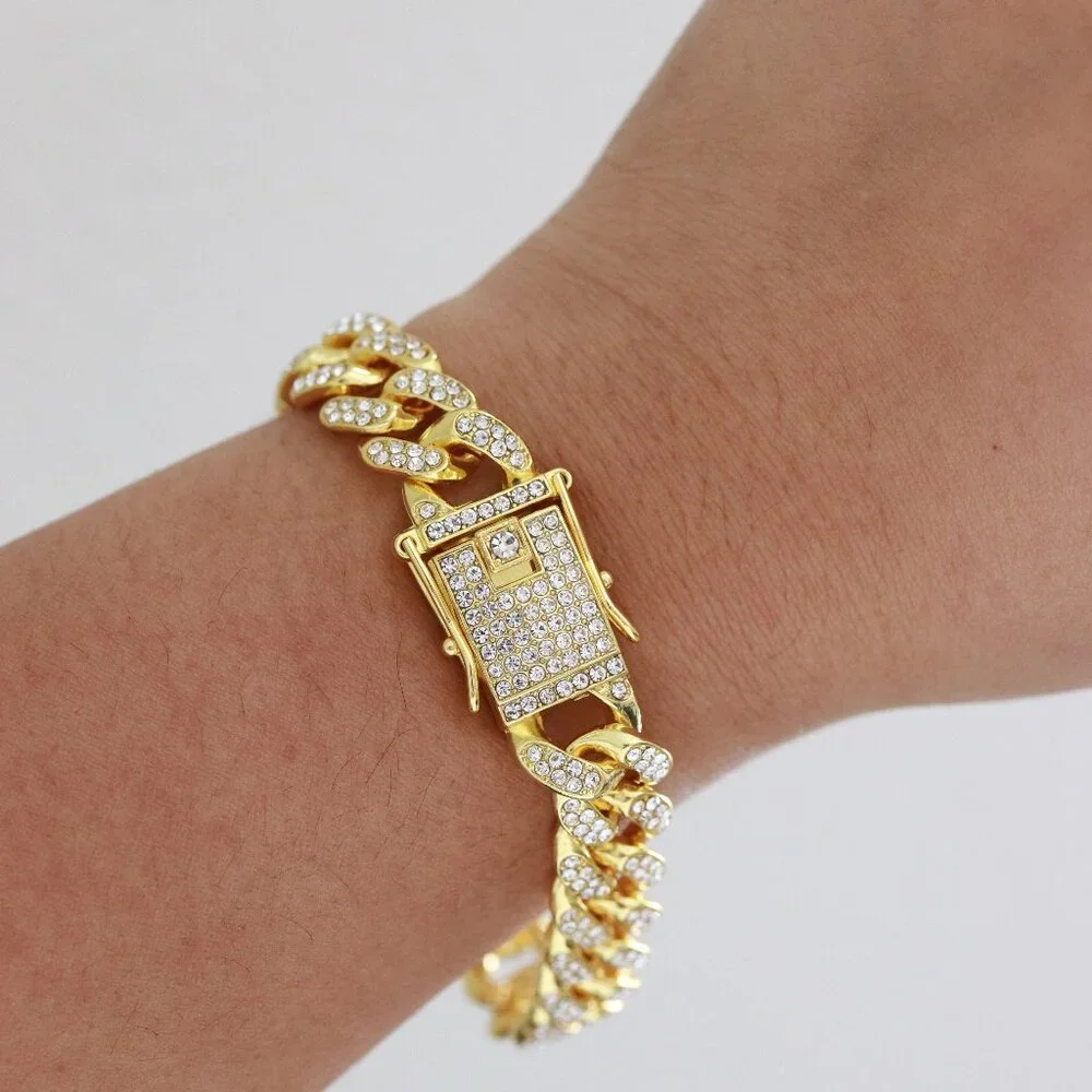 MAYDEAL 12.5MM 8inches Cuban Curb Diamond Chain‎ Gold Plated Bracelet